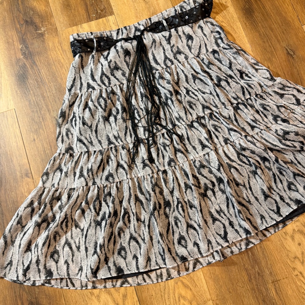 Tiered Animal Print Midi Skirt in Beige and Black